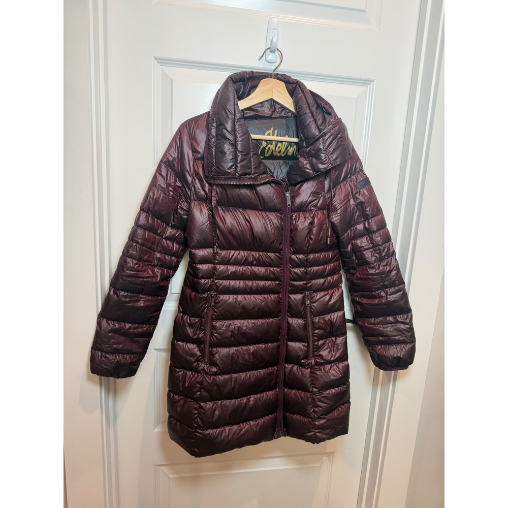 Sam Edelman Womens Burgundy Metallic Quilted Down Puffer Coat Small Funnel Neck
